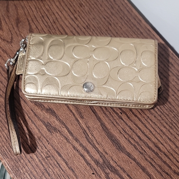 Coach Gold Embossed Wristlet Wallet Signature Monogram Leather - Picture 1 of 12